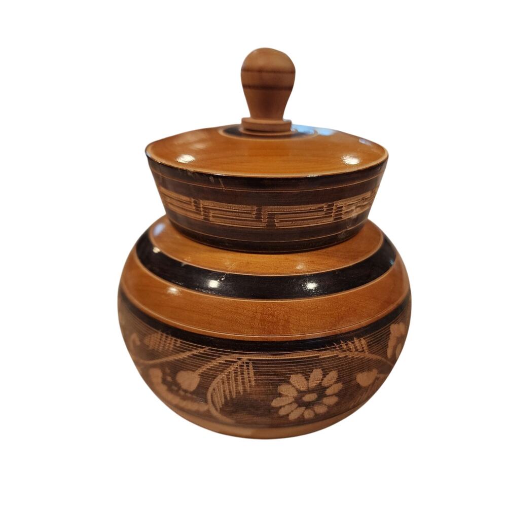 Mayan Turned Wood & Carved Wooden Folk Art Lidded Trinket Jar MCM